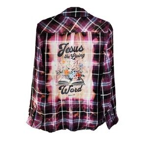 Womens Sz XL Top Boho Flannel Button Up Shirt Jesus Christian John 1:14 NWT God